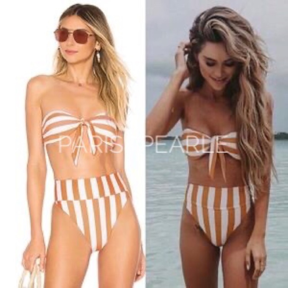 Good Vibes Gold & White Striped Bikini Set